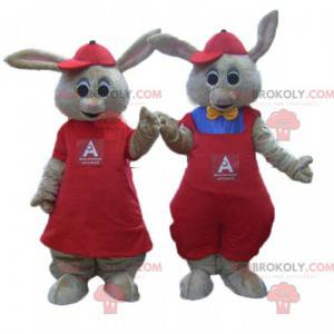 2 mascottes de lapins marron habillés en rouge - Redbrokoly.com