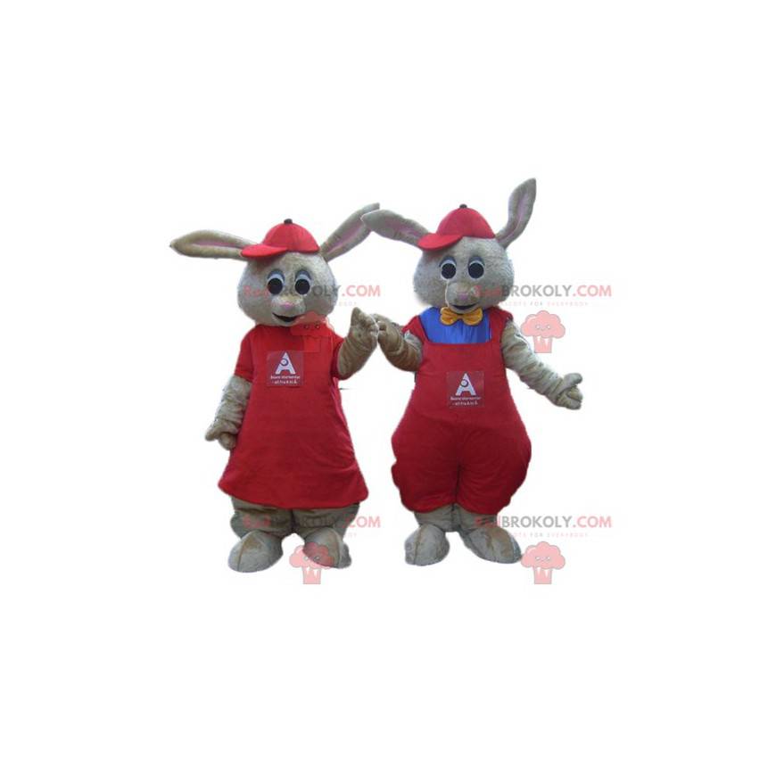 2 mascots of brown rabbits dressed in red - Redbrokoly.com