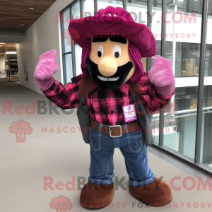 Maskotfigur af en magenta...