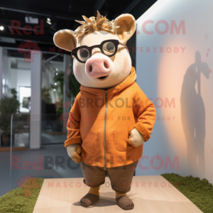 Brown Pig mascot costume character dressed with a Long Sleeve Tee and Sunglasses