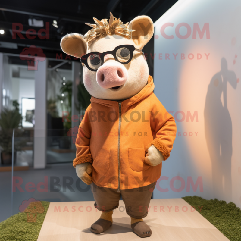 Brown Pig mascot costume character dressed with a Long Sleeve Tee and Sunglasses Brown Pig mascot costume character dressed with a Long Sleeve Tee and Sunglasses