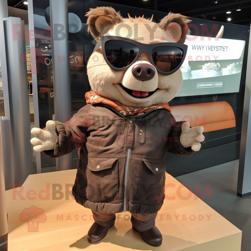 Brown Pig mascot costume character dressed with a Long Sleeve Tee and Sunglasses Brown Pig mascot costume character dressed with a Long Sleeve Tee and Sunglasses