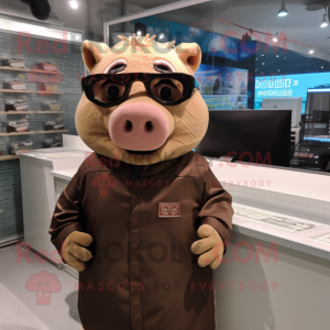 Brown Pig mascot costume character dressed with a Long Sleeve Tee and Sunglasses