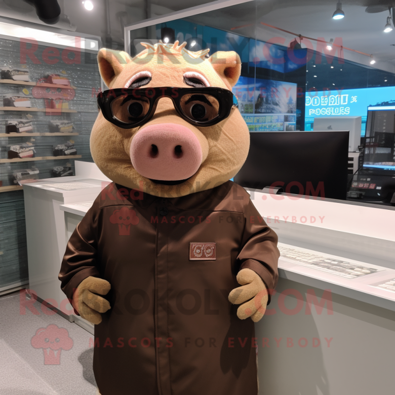 Brown Pig mascot costume character dressed with a Long Sleeve Tee and Sunglasses