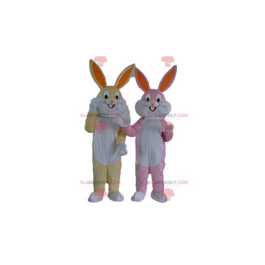 2 mascotte di coniglio una gialla e bianca e una rosa e bianca