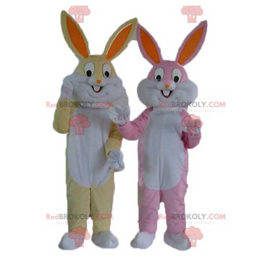 2 rabbit mascots one yellow and white and one pink and white -