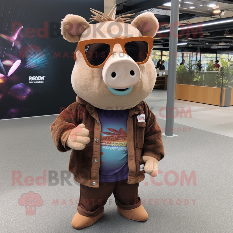 Brown Pig mascot costume character dressed with a Long Sleeve Tee and Sunglasses