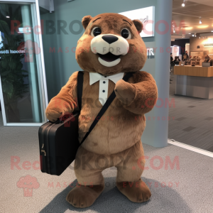 Brown Beaver mascot costume character dressed with a Jumpsuit and Briefcases