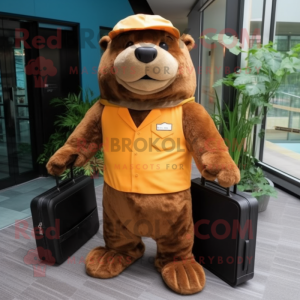 Brown Beaver mascot costume character dressed with a Jumpsuit and Briefcases