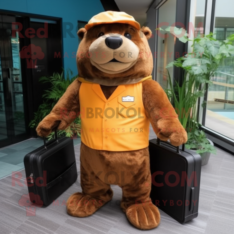 Brown Beaver mascot costume character dressed with a Jumpsuit and Briefcases