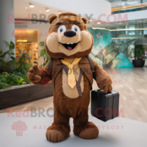 Brown Beaver mascot costume character dressed with a Jumpsuit and Briefcases