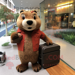 Brown Beaver mascot costume character dressed with a Jumpsuit and Briefcases