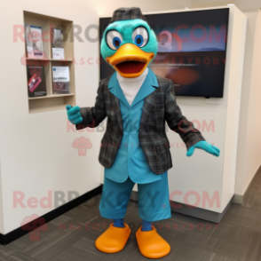 Teal Muscovy Duck mascot costume character dressed with a Suit Pants and Scarves