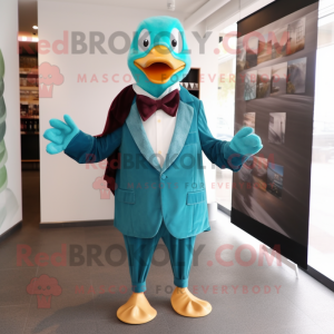 Teal Muscovy Duck mascot costume character dressed with a Suit Pants and Scarves