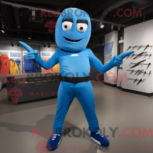 Maskotfigur af en blå...