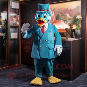 Teal Muscovy Duck mascot costume character dressed with a Suit Pants and Scarves