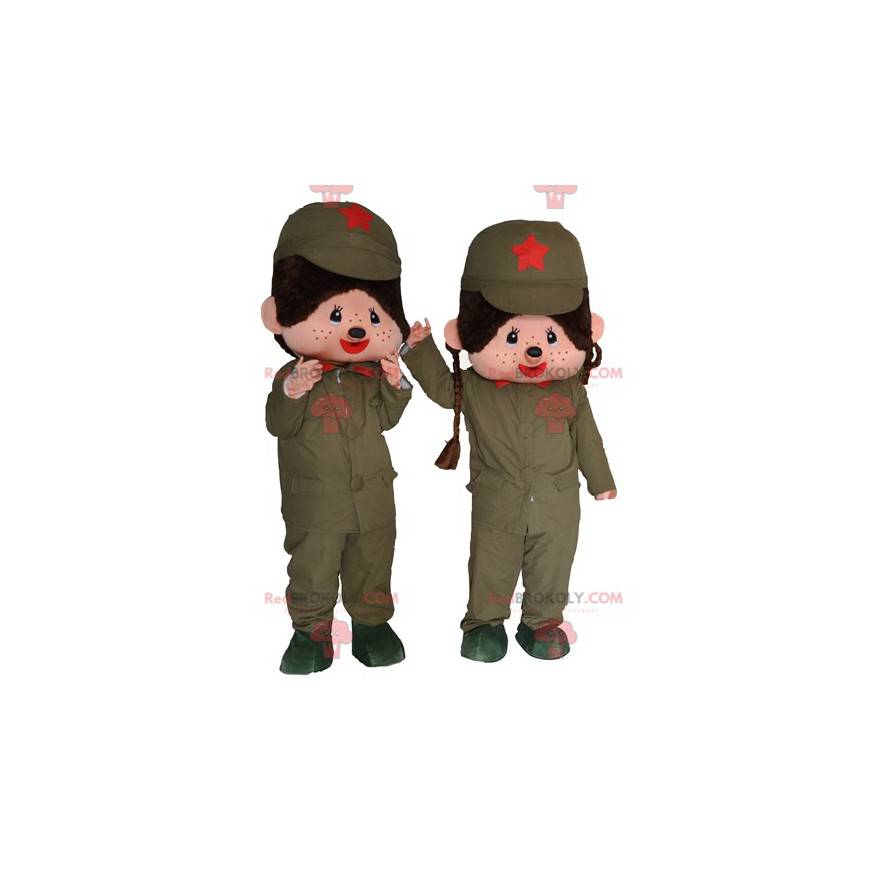 2 mascottes de Kiki le célèbre singe en peluche en militaires -