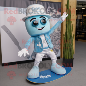 Sky Blue Skateboard mascot costume character dressed with a Waistcoat and Pocket squares