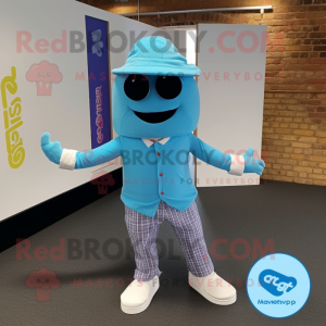 Sky Blue Skateboard mascot costume character dressed with a Waistcoat and Pocket squares