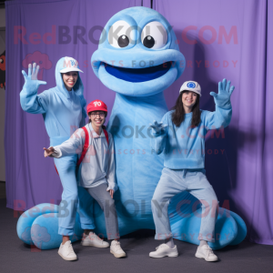 Sky Blue Hydra mascot costume character dressed with a Mom Jeans and Berets