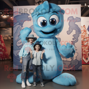 Sky Blue Hydra mascot costume character dressed with a Mom Jeans and Berets