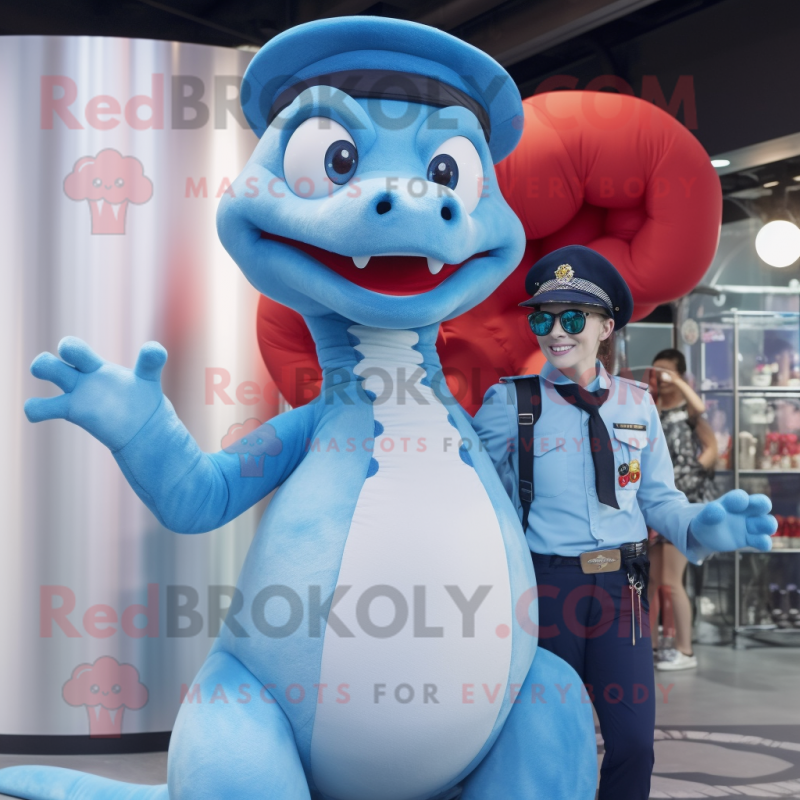 Sky Blue Hydra mascot costume character dressed with a Mom Jeans and Berets