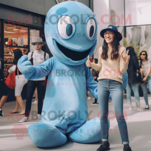 Sky Blue Hydra mascot costume character dressed with a Mom Jeans and Berets