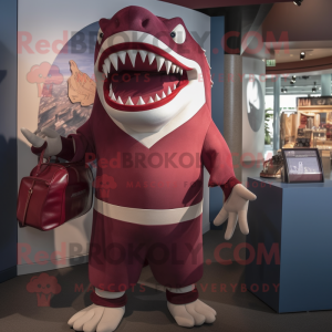 Maroon Megalodon mascot costume character dressed with a V-Neck Tee and Handbags