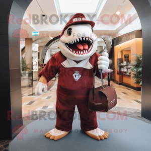 Maroon Megalodon mascot costume character dressed with a V-Neck Tee and Handbags