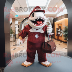 Maroon Megalodon mascot costume character dressed with a V-Neck Tee and Handbags