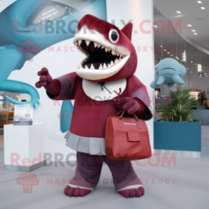 Maroon Megalodon mascot costume character dressed with a V-Neck Tee and Handbags