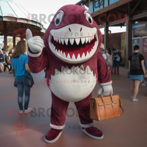 Maroon Megalodon mascot costume character dressed with a V-Neck Tee and Handbags