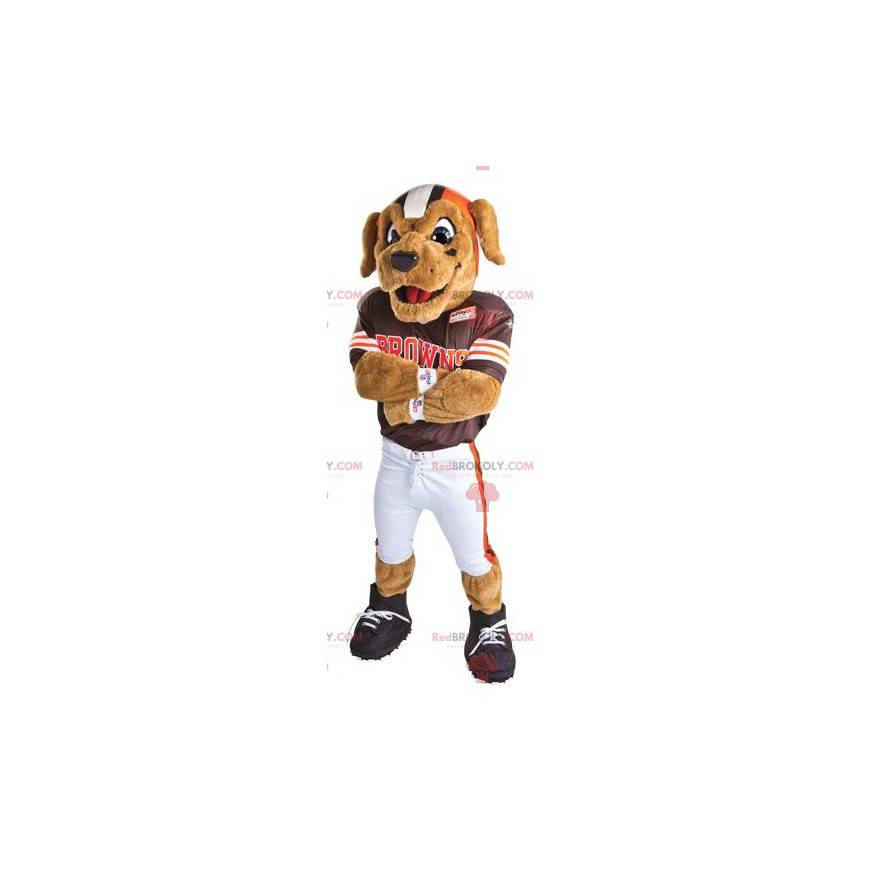 Cachorro mascote vestido de jogador de futebol americano -