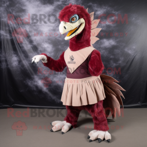 Maroon Utahraptor mascot costume character dressed with a A-Line Skirt and Cummerbunds