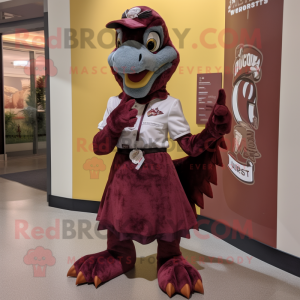 Maroon Utahraptor mascot costume character dressed with a A-Line Skirt and Cummerbunds