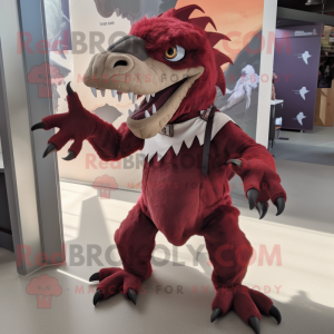 Maroon Utahraptor mascot costume character dressed with a A-Line Skirt and Cummerbunds