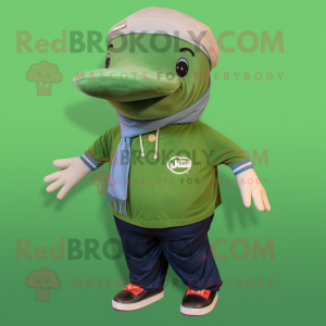 Olive Humpback Whale mascot costume character dressed with a Trousers and Headbands