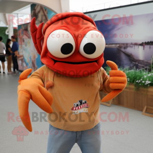 Rust Crab mascot costume character dressed with a Sweatshirt and Caps