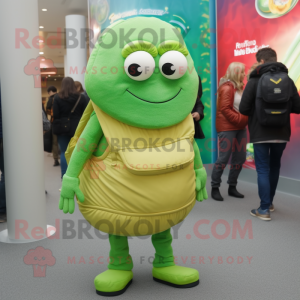 Lime Green Falafel mascot costume character dressed with a Turtleneck and Backpacks