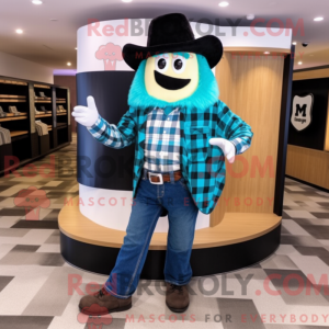 Maskotfigur af en cyan...