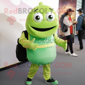 Lime Green Falafel mascot costume character dressed with a Turtleneck and Backpacks