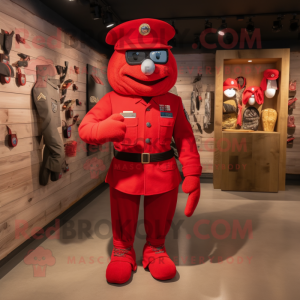 Red American Soldier mascot costume character dressed with a T-Shirt and Shoe clips