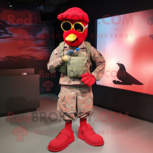 Red American Soldier mascot costume character dressed with a T-Shirt and Shoe clips
