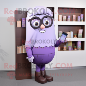 Lavender Chocolate Bar mascot costume character dressed with a Leggings and Reading glasses