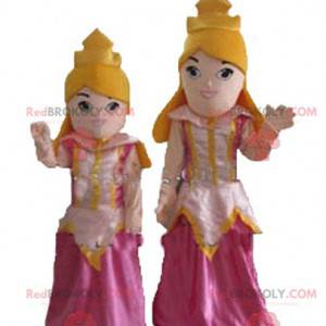 2 Maskottchen blonder Prinzessinnen in rosa Kleidern -