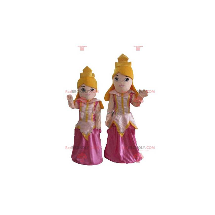 2 mascotes de princesas loiras em vestidos rosa - Redbrokoly.com