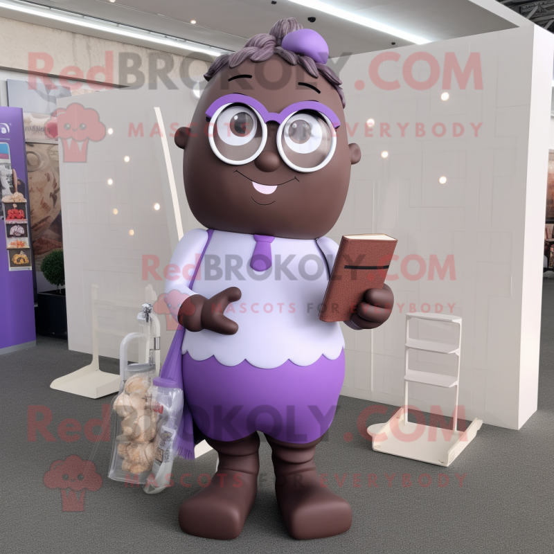 Lavender Chocolate Bar mascot costume character dressed with a Leggings and Reading glasses
