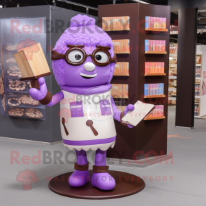Lavender Chocolate Bar mascot costume character dressed with a Leggings and Reading glasses