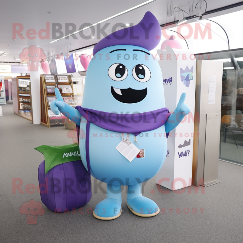 Sky Blue Eggplant mascot costume character dressed with a V-Neck Tee and Wallets