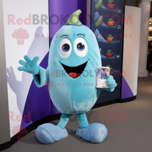 Sky Blue Eggplant mascot costume character dressed with a V-Neck Tee and Wallets